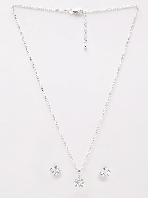 Silver Round Solitaire Pendant Earring Chain Jewellery Set - Image 2