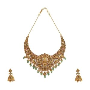 Ruby-Green Gold Polished Antique Short Necklace With Push Back Jhumkas and Adjustable Chain for Bridesmaids, Necklace set for women