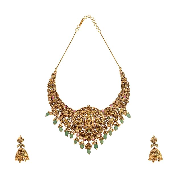 Ruby-Green Gold Polished Antique Short Necklace With Push Back Jhumkas and Adjustable Chain for Bridesmaids, Necklace set for women