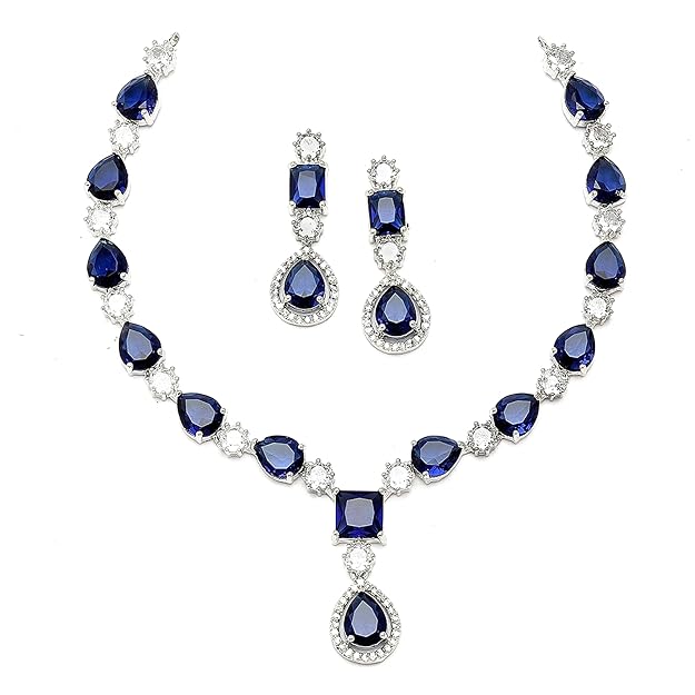 Rhodium-Plated American Diamond Studded Fashionable Necklace With Earrings Jewellery Set For Girls and Women