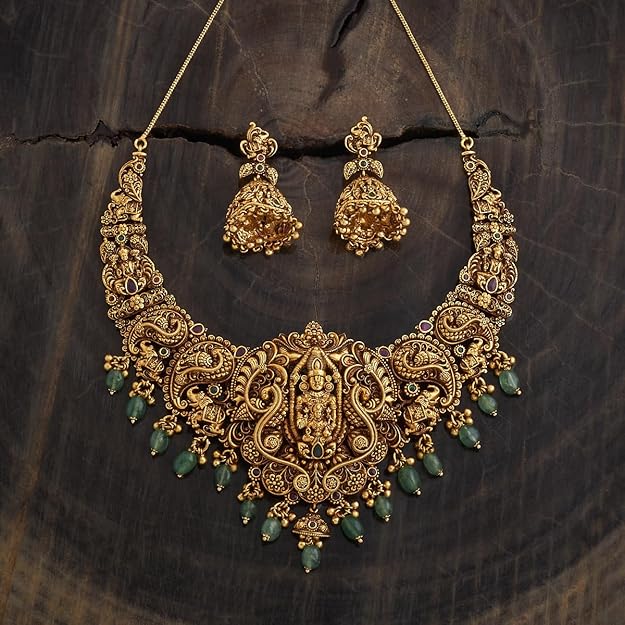 Ruby-Green Gold Polished Antique Short Necklace With Push Back Jhumkas and Adjustable Chain for Bridesmaids, Necklace set for women - Image 3