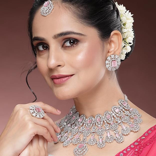 Rhodium-Plated American Diamond Studded Tasselled Necklace With Earrings Ring & MaangTikka Jewellery Set For Girls and Women - Image 2