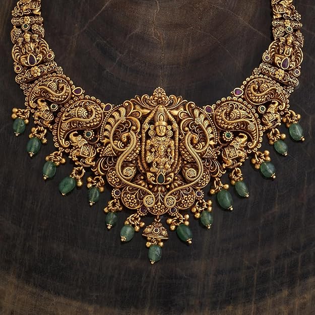 Ruby-Green Gold Polished Antique Short Necklace With Push Back Jhumkas and Adjustable Chain for Bridesmaids, Necklace set for women - Image 2