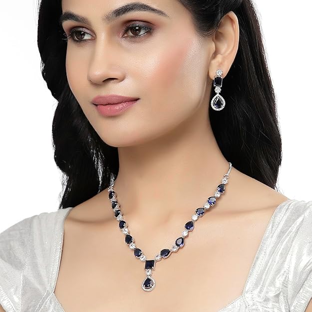 Rhodium-Plated American Diamond Studded Fashionable Necklace With Earrings Jewellery Set For Girls and Women - Image 2