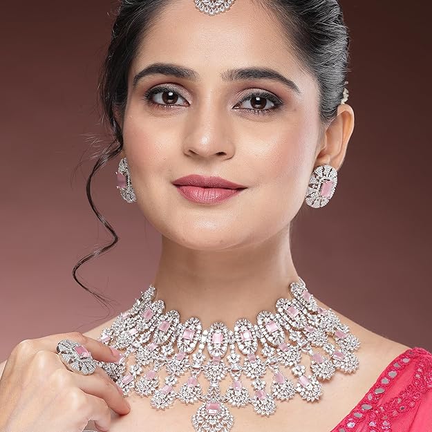 Rhodium-Plated American Diamond Studded Tasselled Necklace With Earrings Ring & MaangTikka Jewellery Set For Girls and Women - Image 4