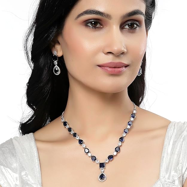 Rhodium-Plated American Diamond Studded Fashionable Necklace With Earrings Jewellery Set For Girls and Women - Image 3