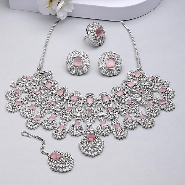 Rhodium-Plated American Diamond Studded Tasselled Necklace With Earrings Ring & MaangTikka Jewellery Set For Girls and Women - Image 3